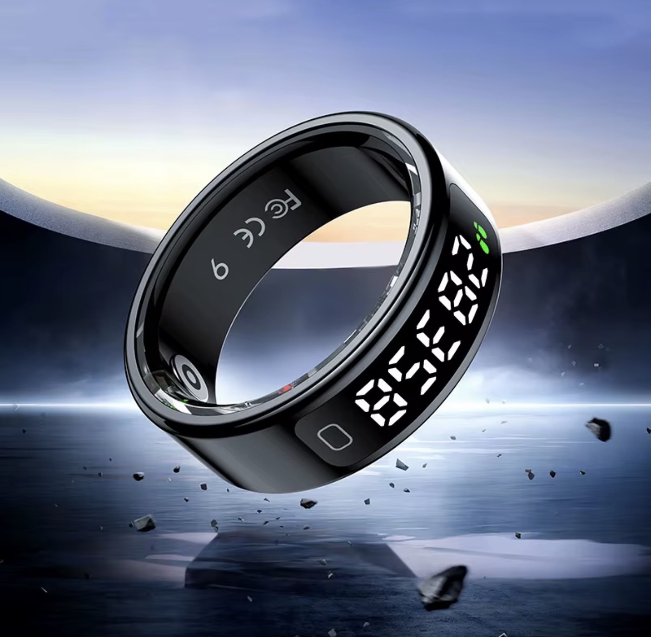 OA Smart Ring black stainless steel with the digital step display