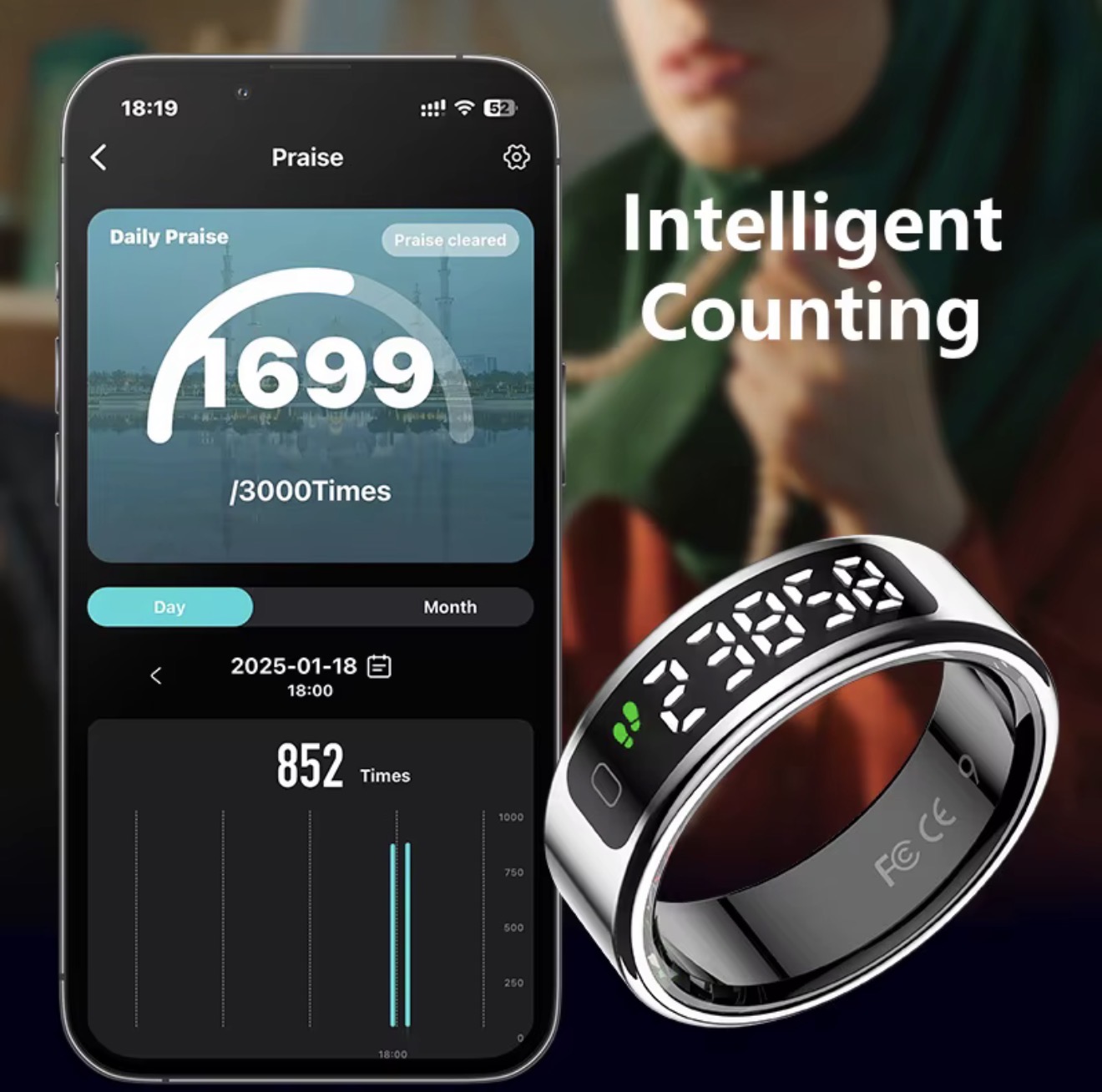 OA Smart Ring intelligent counting shown in the QRing app