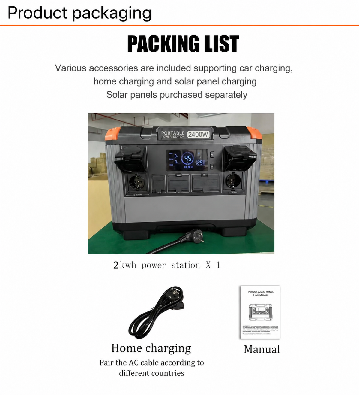 OA PowerCore 2400 packing list: power station, home charging AC cable and user manual (solar panels sold separately)