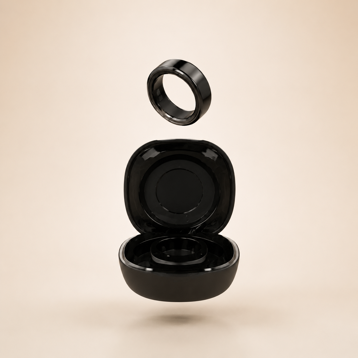 OA Smart Ring charging case open, ready to recharge the ring