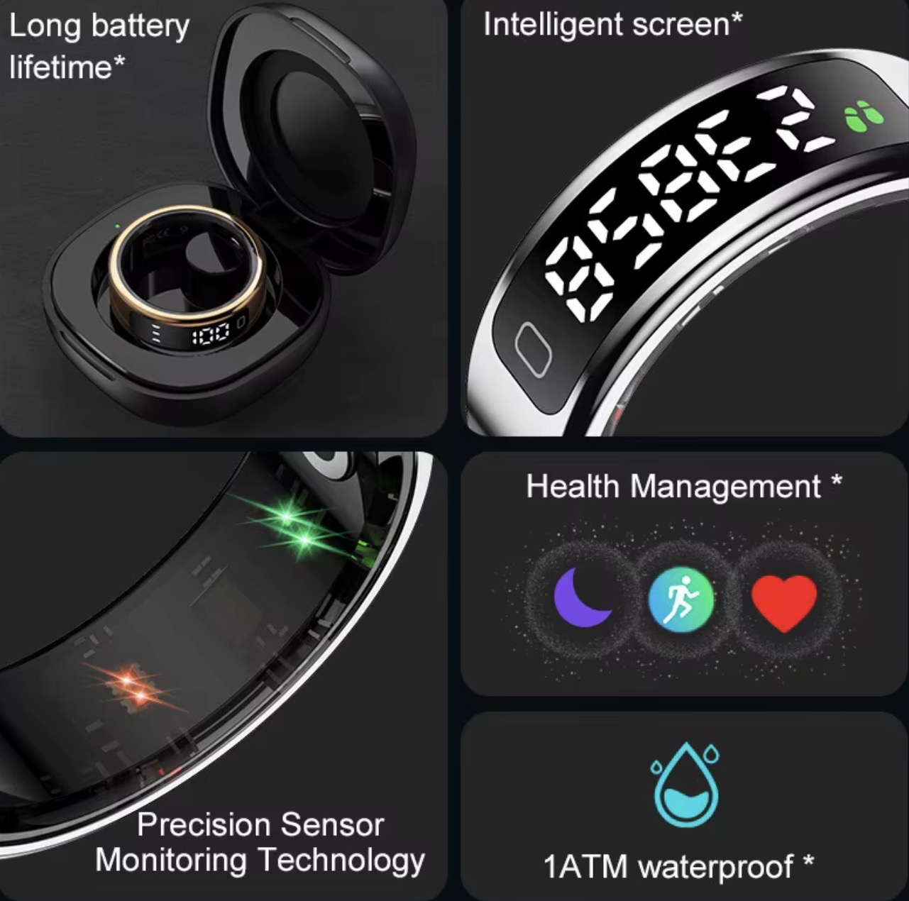 OA Smart Ring features — long battery life, intelligent screen, precision sensors and 1ATM water resistance
