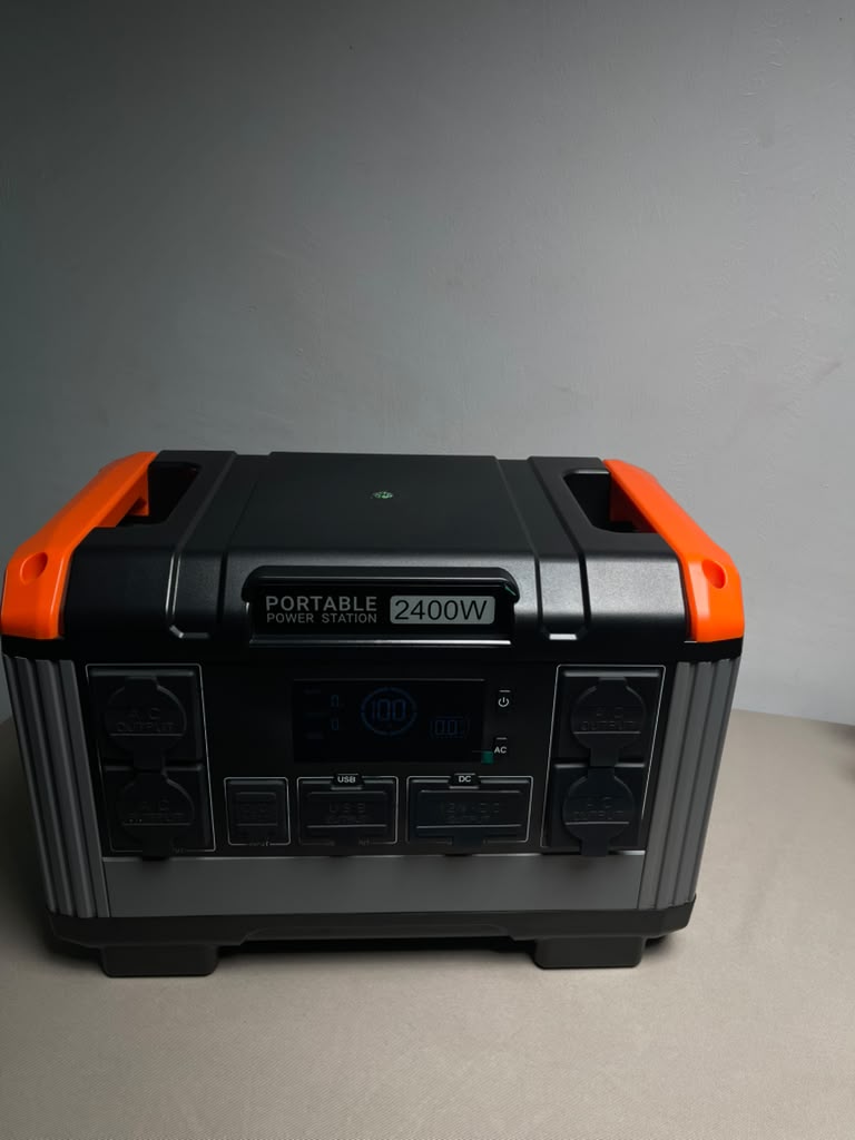 OA PowerCore 2400 portable power station, front view with LCD display, AC, USB and DC outputs