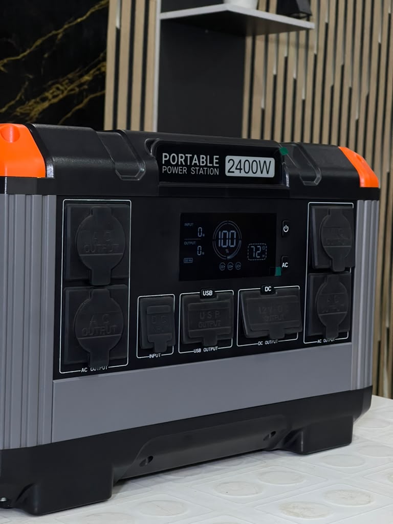 Close-up of the OA PowerCore 2400 control panel, display and outlets